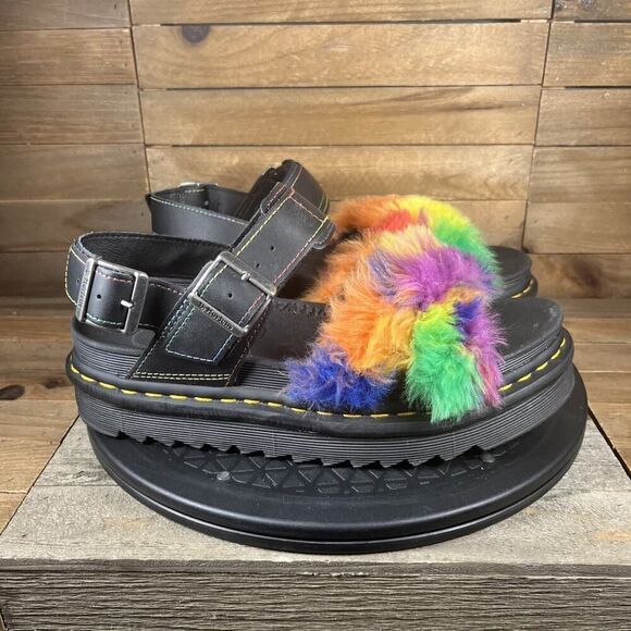 RARE Dr. Martens Womens Sz 8 Voss II Fluffy Faux Fur Rainbow Platform Sandals - Picture 1 of 10